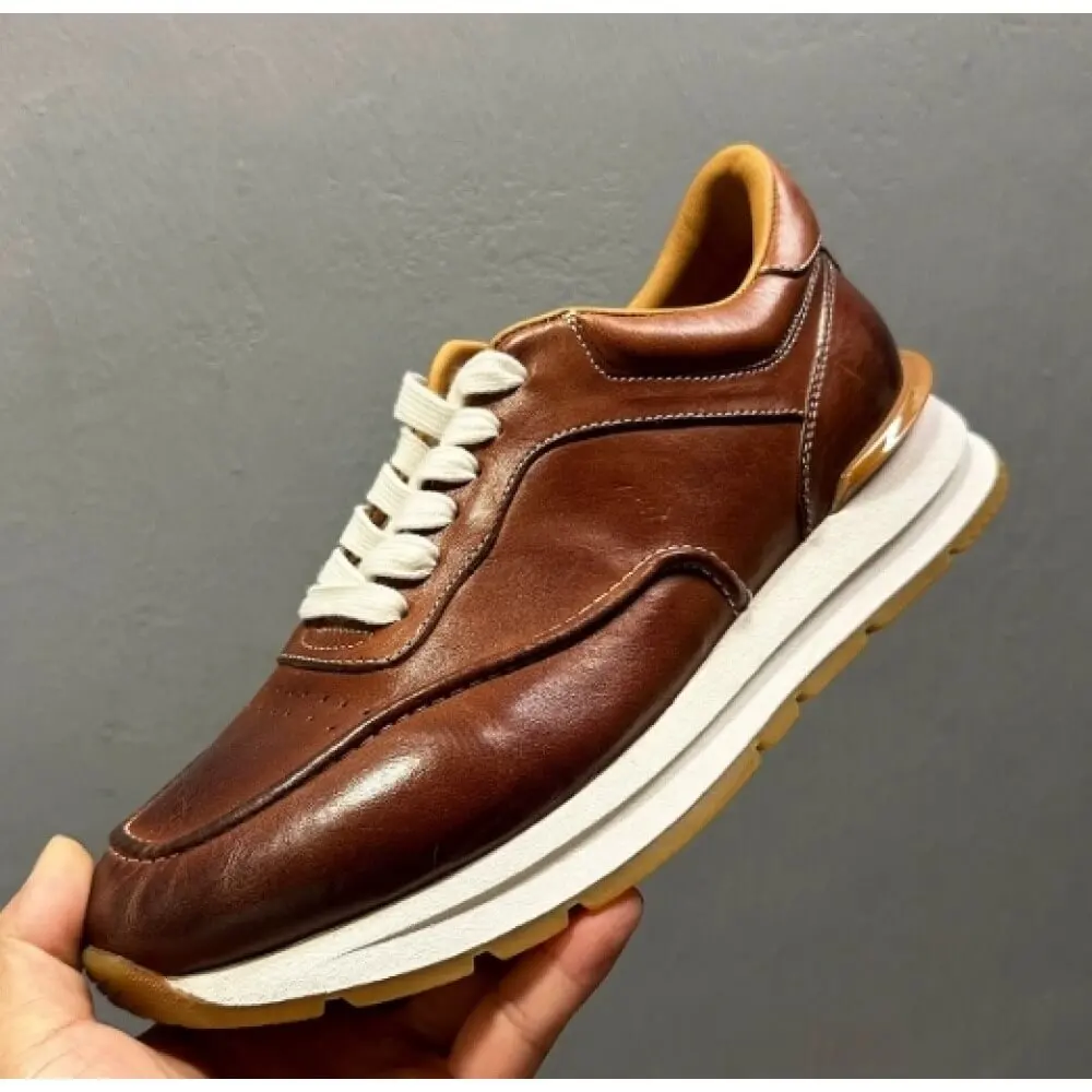 

Dark Brown Burnished Leather Retro Casual Shoes, with off-white laces and layered sole