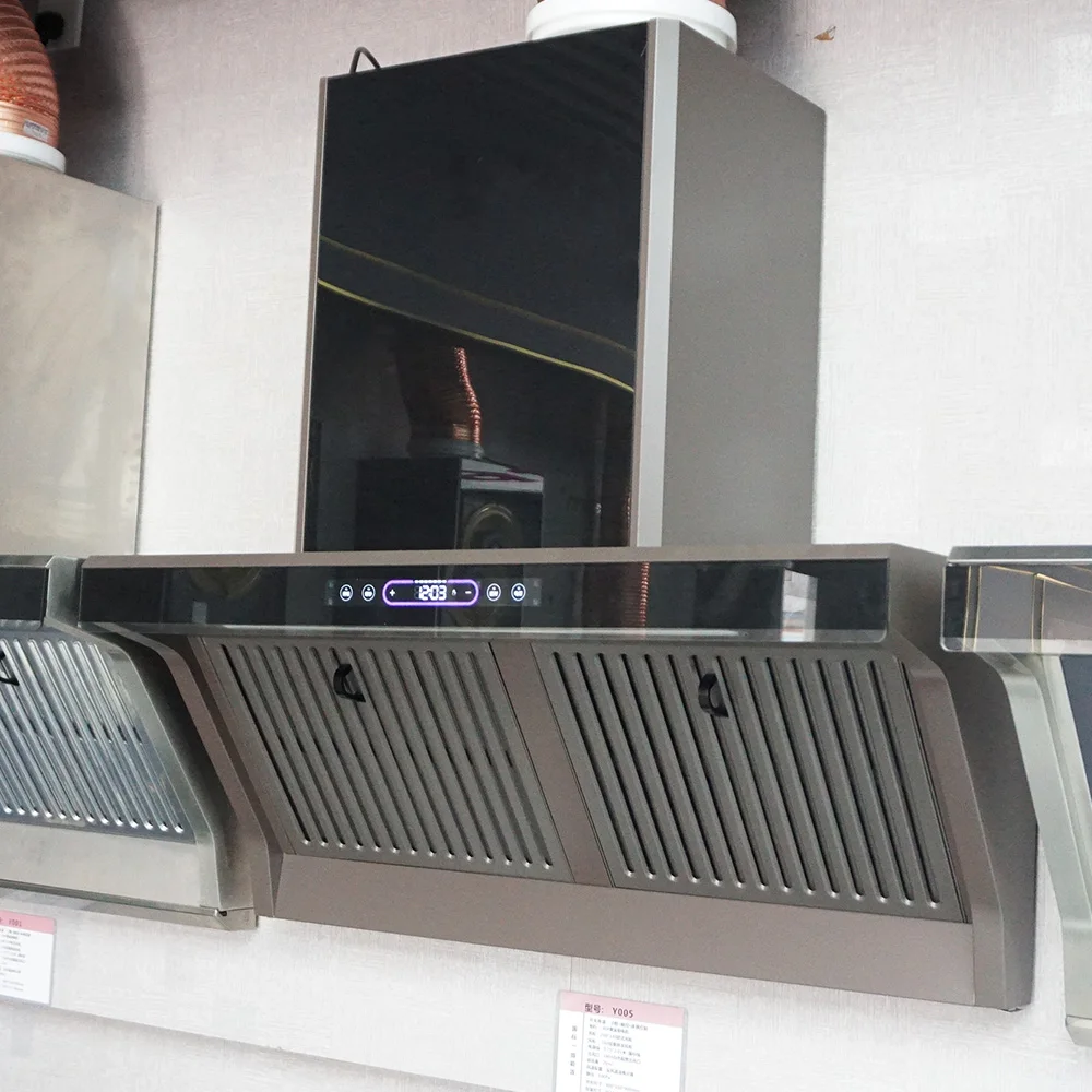 Home Kitchen Top Side Double Suction Range Hood Intelligent Voice Frequency Conversion Electric Power Source Black for Hotel