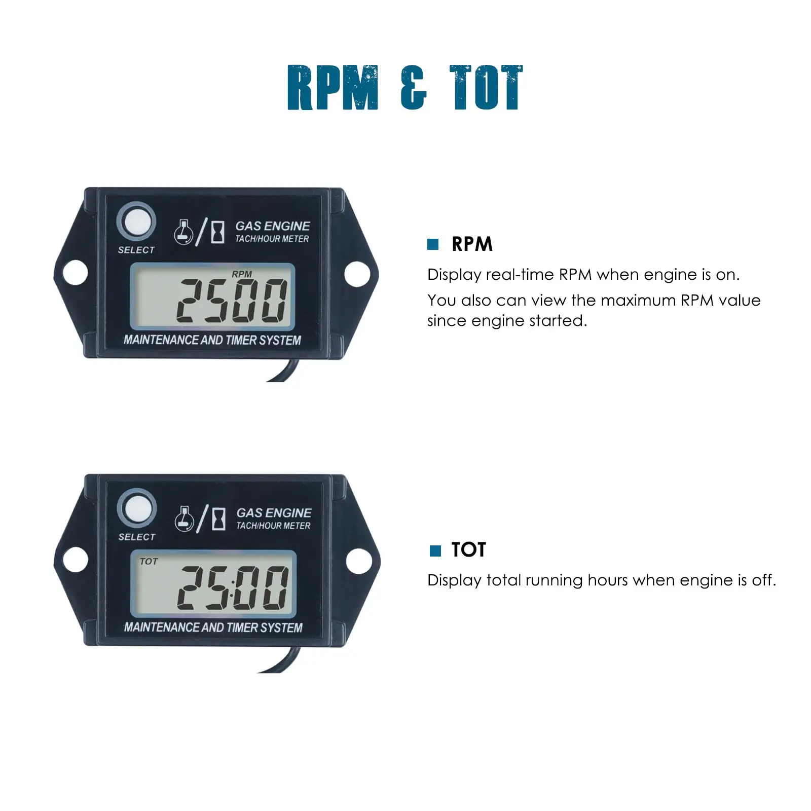 Digital Hour/Tach Meter with Maintenance Alert & Max RPM Recall, for Lawn Mower Tractor Marine ATV Generator Motorcycle