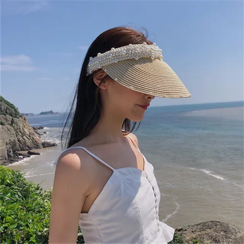 Women Girls Sun Visor Hat Wide Brim Straw Beach Caps Adjustable Summer UV Protection Faux Pearls for Travel