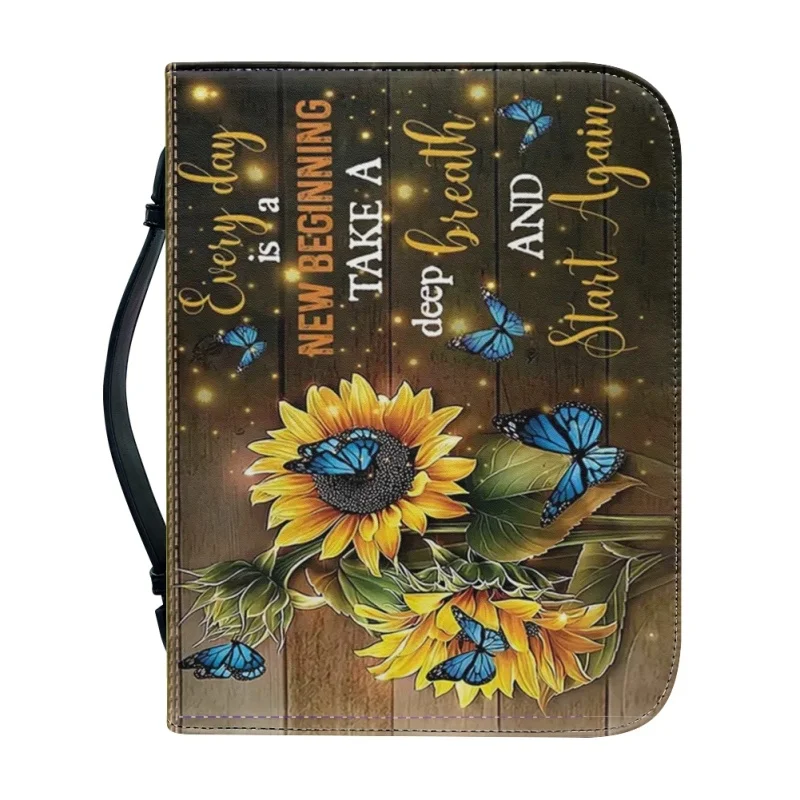 Every Day Is A New Beginning funda con estampado personalizado de mariposa girasol, bolsos de PU, libro de estudio, almacenamiento sagrado