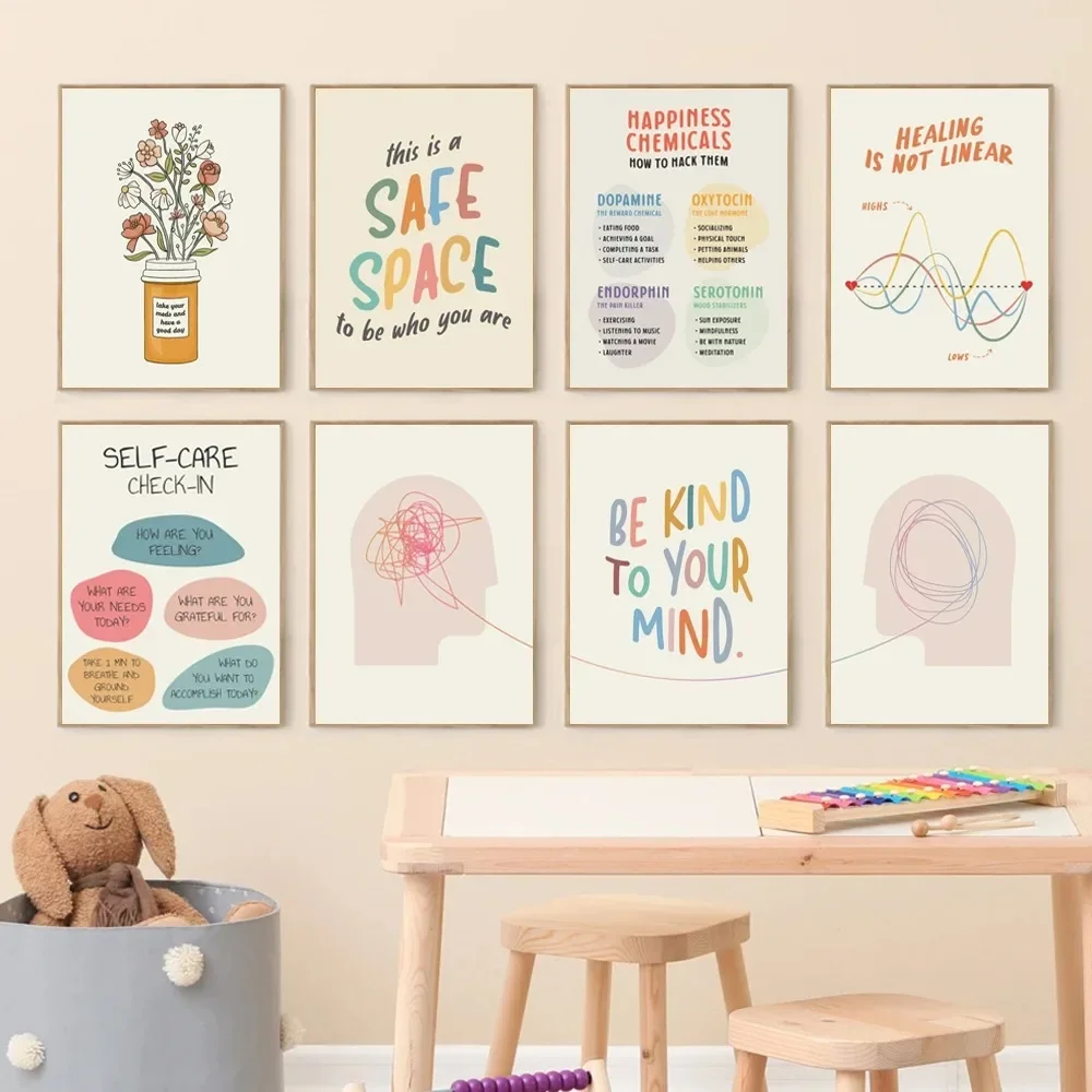 Modern Therapy Counseling Be Kind To Your Mind Quotes Art Prints Mental Health Posters Canvas Painting Kids Office Wall Decor