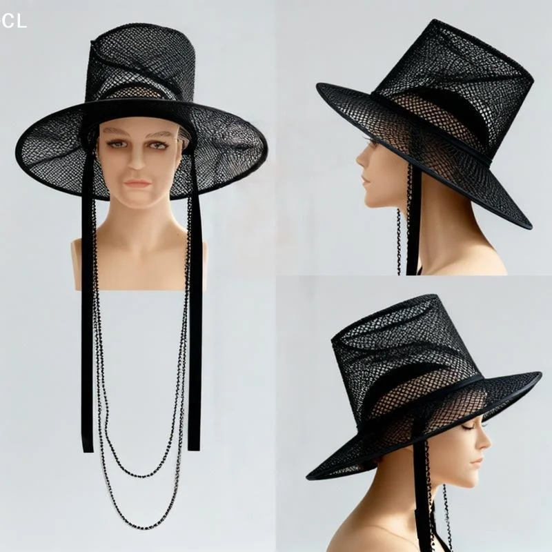 AttireTroveElegant Stage Costume Hat Korean Traditional Flat Top Hat With Beaded Chain Anime Cosplay Accessory For K-drama Stag