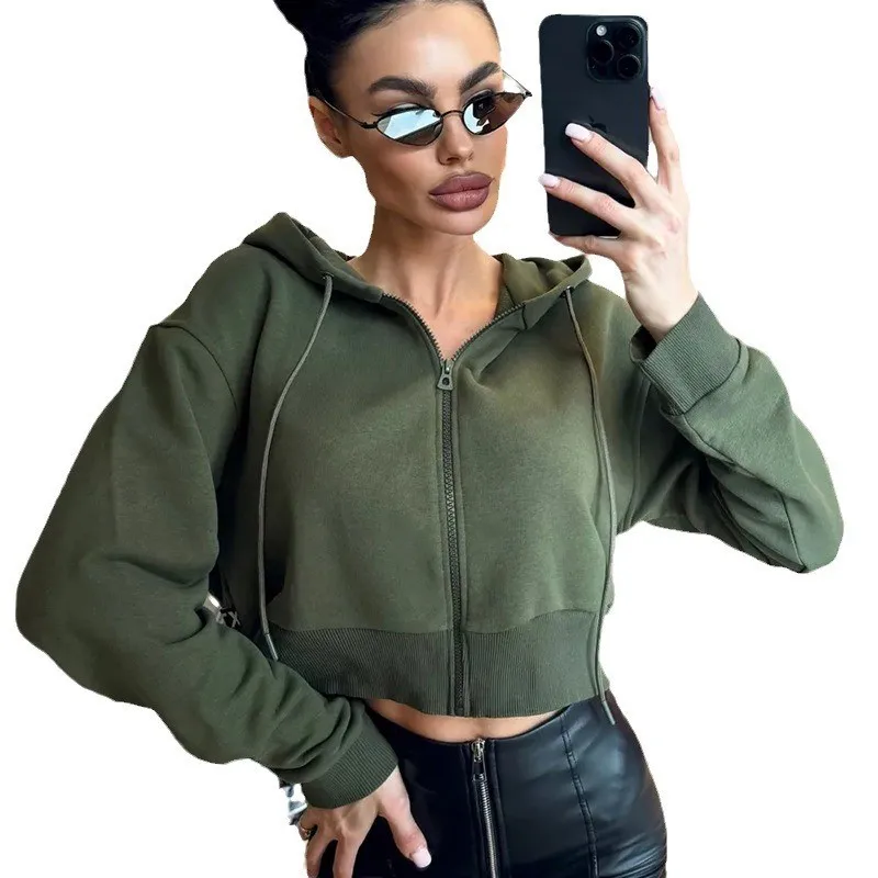 Polyester Women\'s Long Sleeved Hooded Zipper Cardigan Sexy Exposed Waist Fleece Sweatshirt Sudaderas Con Capucha Ropa Para Mujer