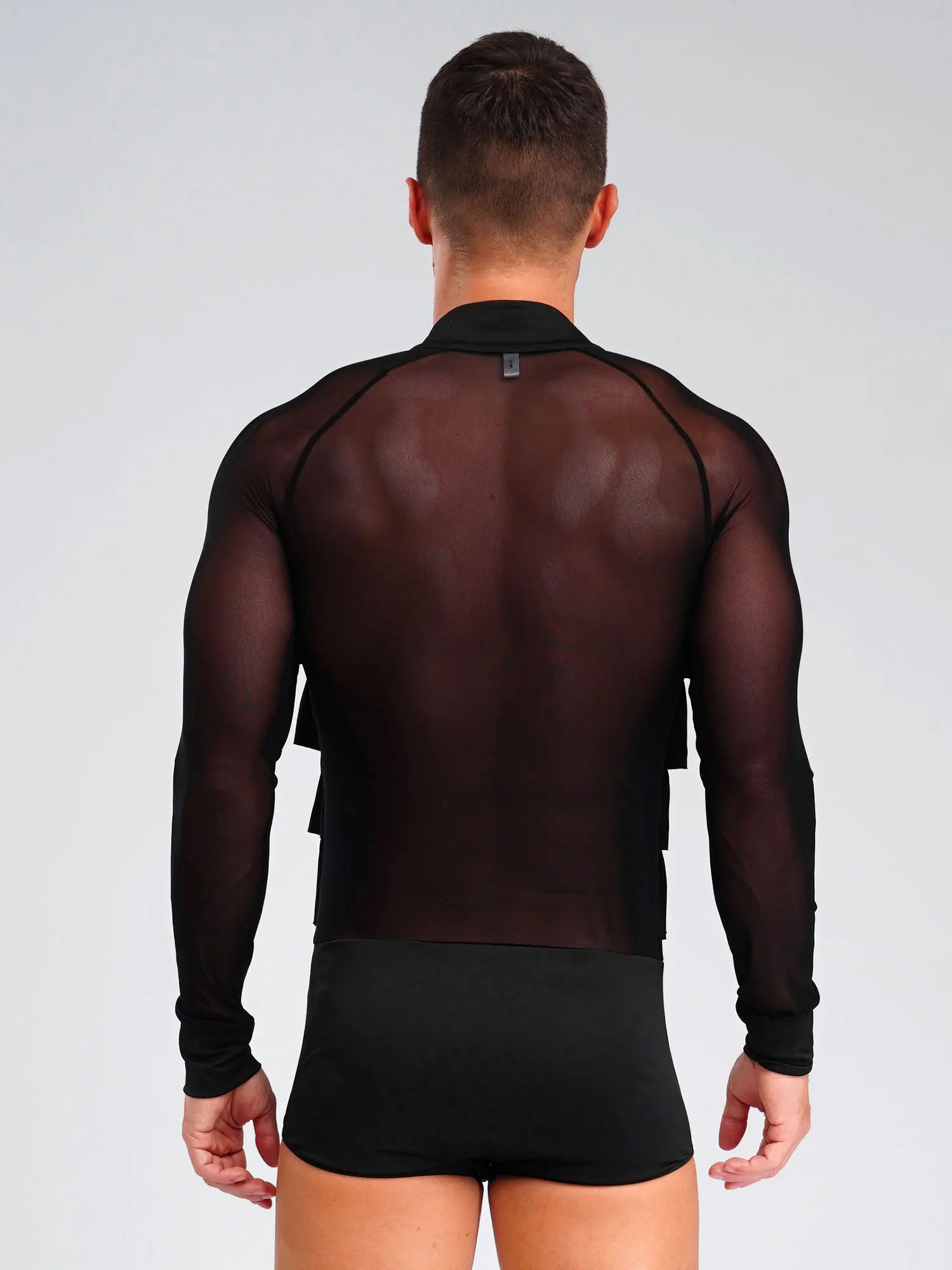 Hommes Latin Samba Salsa Tango danse moderne justaucorps chemises avec maille transparente col en V profond Jazz Rumba salle de bal body combinaison