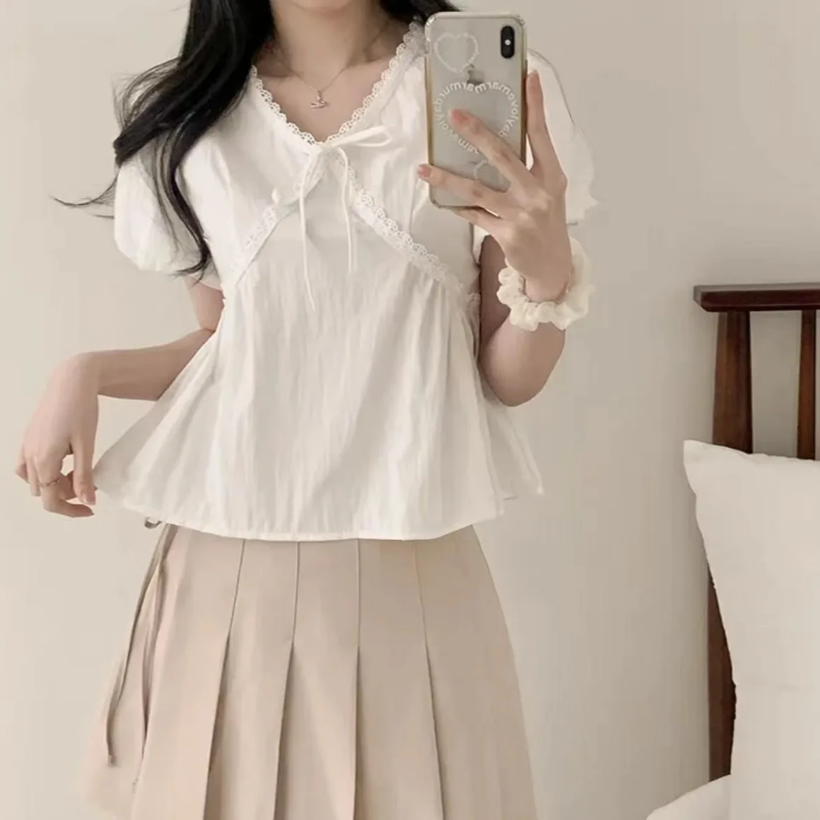 Losvallende chiffon top voor dames Zachte Sle V-ne Kant Splitsen Dun materiaal Trendy knoopontwerp Zomer Koreaanse versie irt