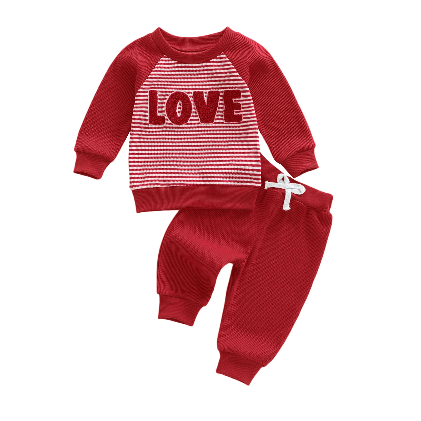 

Toddler Boy Valentine s Day Outfits Letter Embroidery Stripe Long Sleeve Pullover Elastic Waist Pants 2 Pcs Set