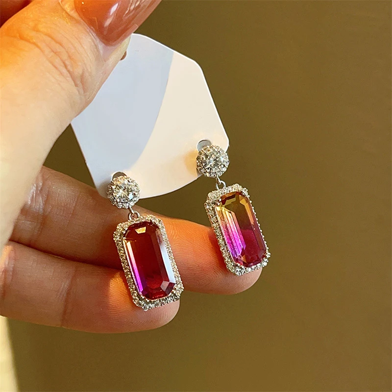 Huitan Gradient Zirconia Rainbow Stone Pendant Earrings Delicate Luxury Jewelry for Anniversary Party Chic Exquisite Accessories