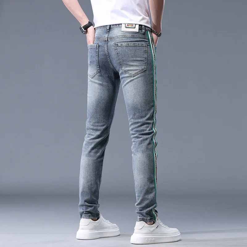 Jeans slim fit estampado listrado masculino, calça luxuosa leve, elástica, design de moda verão, 2024