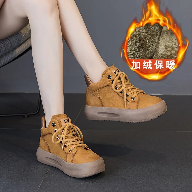 New Women's Winter Sports Shoes Cowhide High Cut Thick Soled Hiking Shoes Trendy Casual Women's Shoes with Wool Warm Short Boots