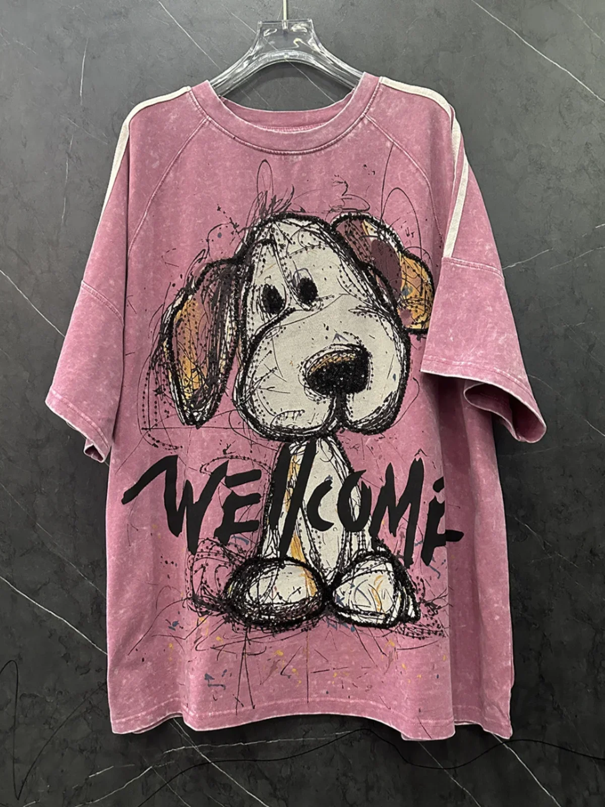 Neue Frühling Sommer Frauen Rosa Kurzarm T-shirt Pailletten Cartoon Gedruckt Lose Oansatz Pullover Top Alle-spiel Mid-lange Tees