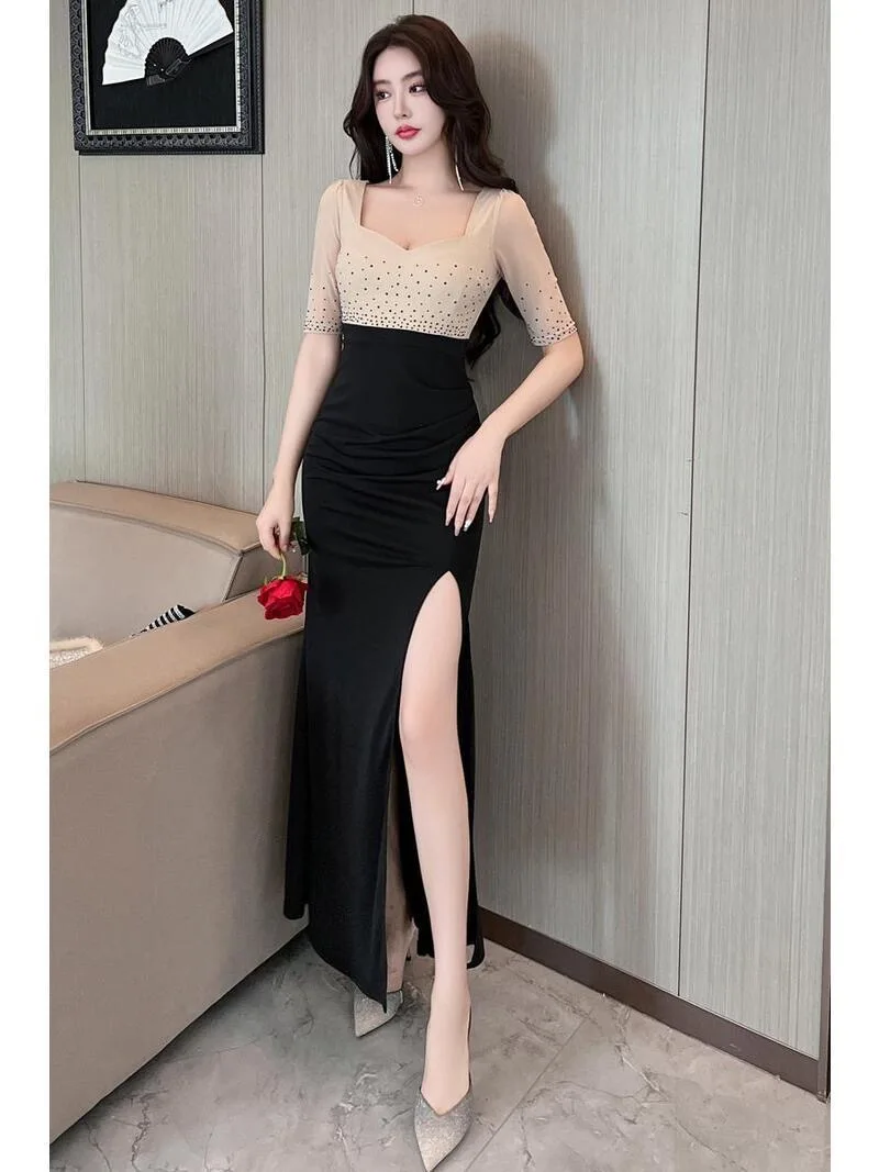 Best Selling No. 57 Evening Dress Mesh Patchwork Waist Slimming Slit Cover Hips Niche Dress