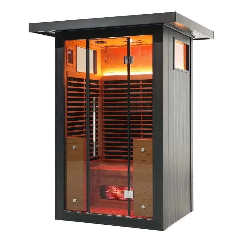 Customized Outer Metal Layer for Outdoor Use 2-Person Infrared Sauna Black Wooden Cabin Home Spa Wood Enclosed Sauna Room