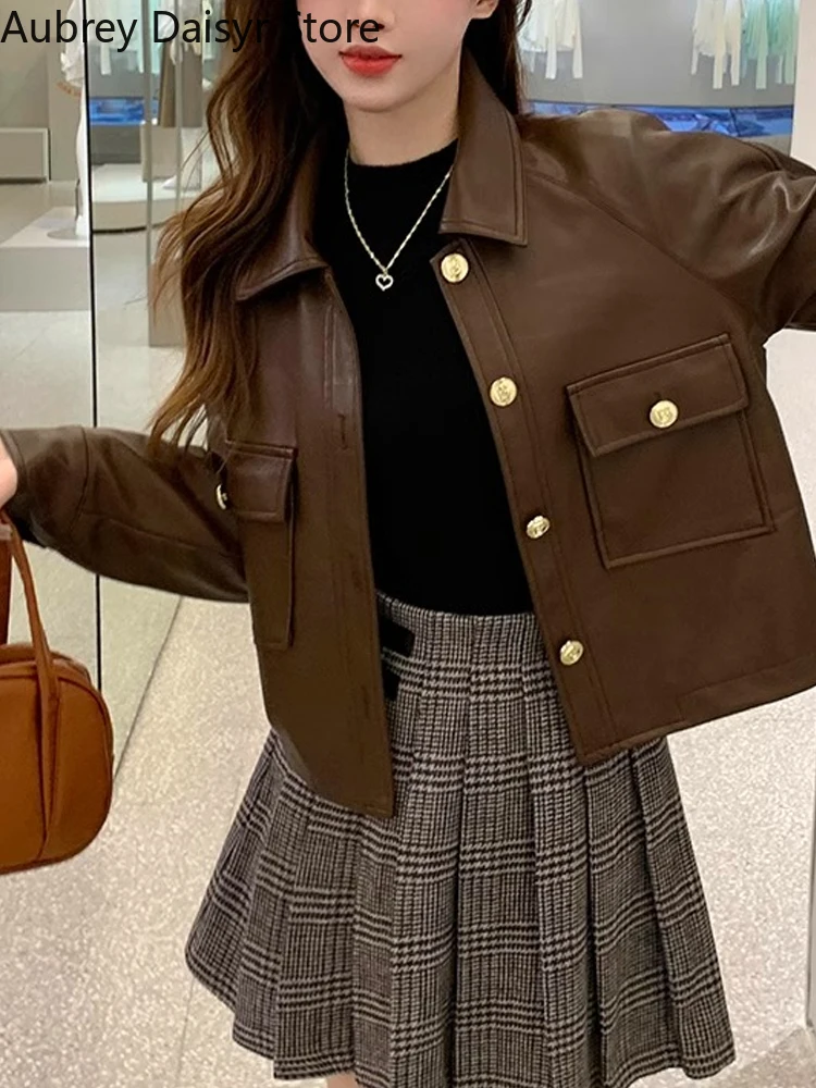 Vintage Brown Leather Jacket Women Streetwear Casual Moto Biker Leather Jacket Korean Winter Punk Thin Blazer Leather Coat 2023