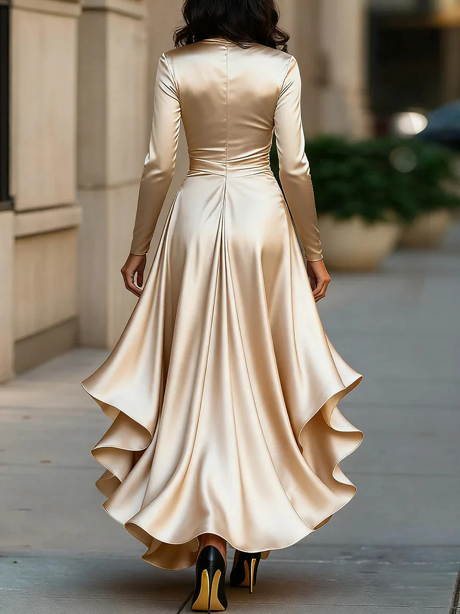 Womens Dresses 2025 Spring New Solid Color Satin V-Neck Long Sleeve Waist Cinched Irregular Ruffle Hem Elegant Party Dress