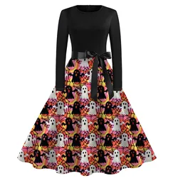 Halloweenowa sukienka z nadrukiem Flare dla kobiet Sukienka z długim rękawem Hollow Party Casual Sukienki plus size sukienki eleganckie sukienki damskie