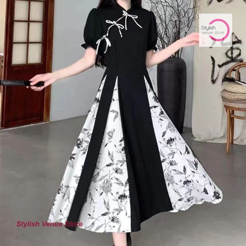 

New Chinese national style improved cheongsam skirt women's summer retro high-quality printing stitching big pendulum dress