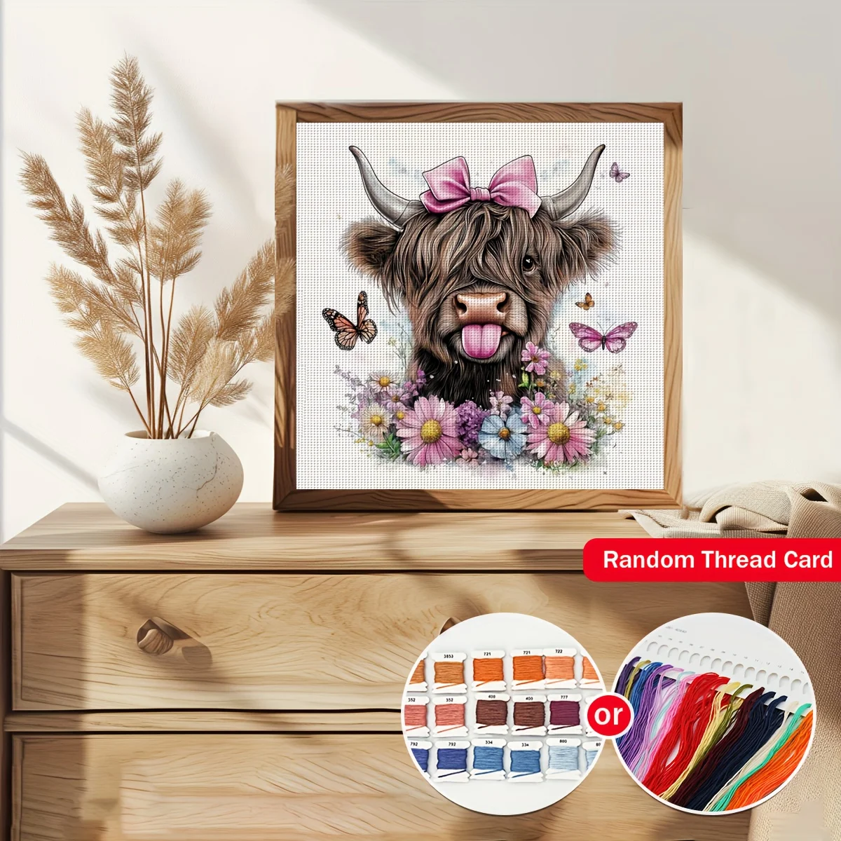 1PC 36X36cm/14.17X14.17inch, 11CT Print Cross Stitch DIY Kit, Bow Highland Cow, Adult Beginner's Relaxed Cross Stitch