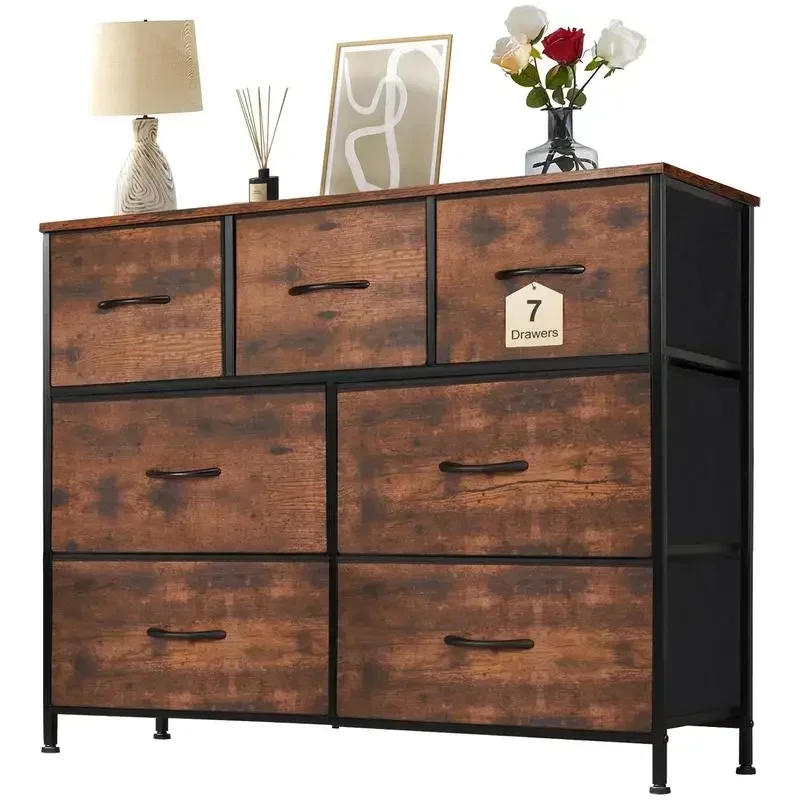 

(LIVE)7-Drawer Fabric Storage Tower Dresser - Tall Organizer with Steel Frame, Wood Top - Chest of Drawers with Fabric Bins