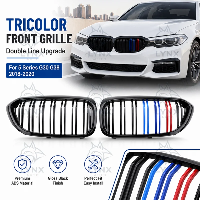 For BMW 5 Series G30 G38 2018-2020 Double Line Tricolor Front Air Intake Grille Upgrade Gloss Black Double Bar