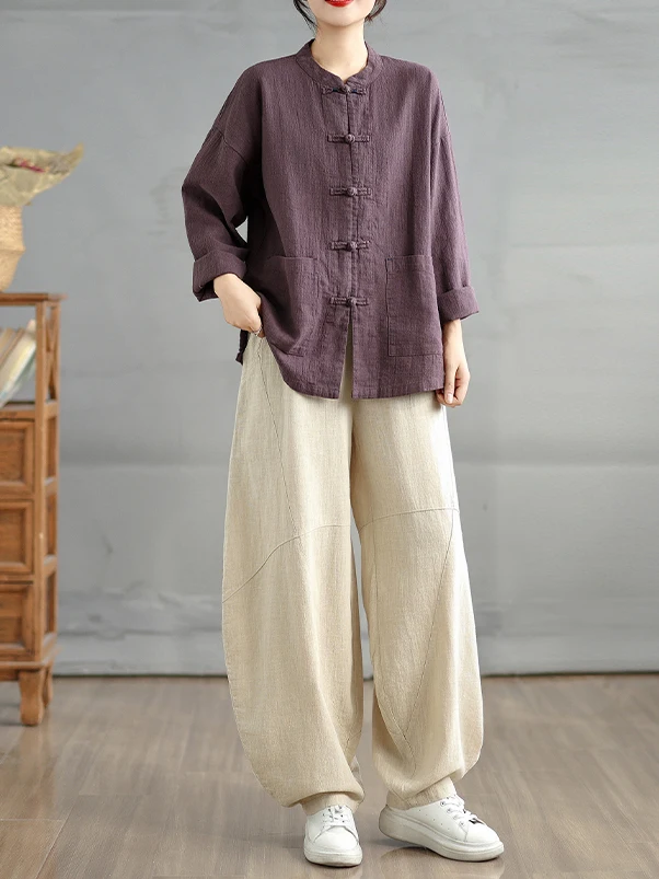 

New Chinese Style Women's Casual Cotton Linen Two-Piece Set with Buttoned Shirt And Pants Zen Tea Costume Loose Fit Spring Au...