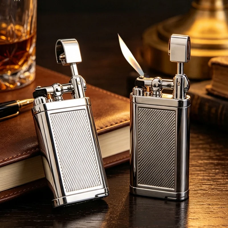 Retro Side‑Flame Rocker Arm Lighter Zinc Alloy Flint Wheel Refillable Classic Open Flame Lighter Men Collection Smoking Gift