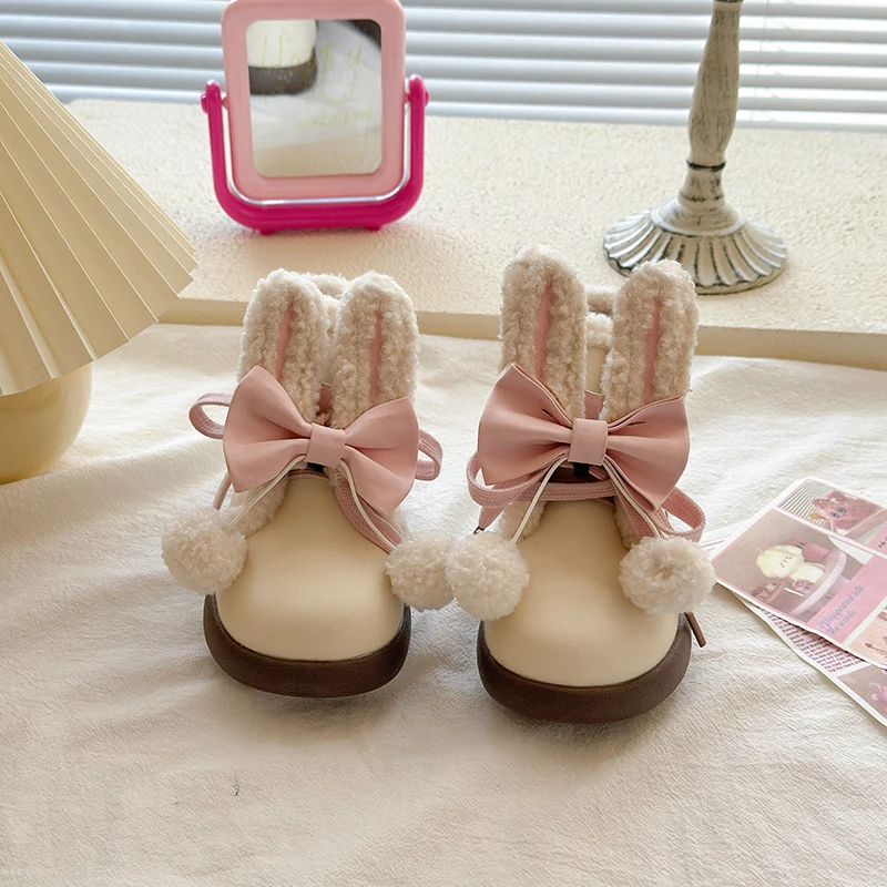 

2025 Winter Fashion Korean Style New Girls Cotton Boots Cute Rabbit Shaped Butterfly Knot Decoration Anti Slip Warm Cotton Boots