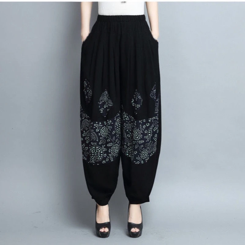 

Vintgae Linen Cotton Pants Women Summer Embroidery Elastic High Waist Bloomers Casual Baggy Pants 2022 Female Loose Trousers