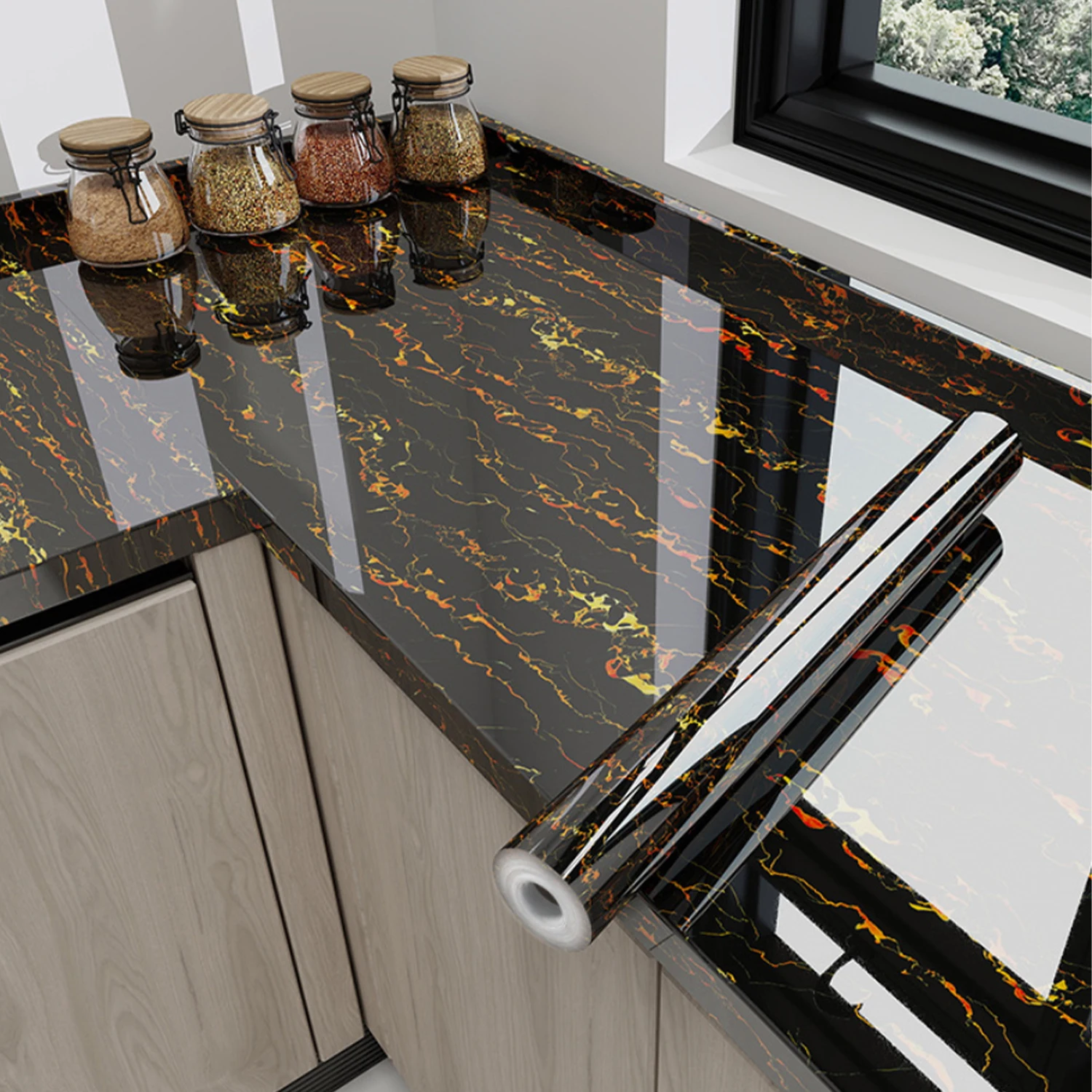 Marble Wall Stickers Wallpaper, Kitchen Countertops Cabinets Furniture Self-adhesive Wallpaper, PVC Greaseproof Stickers