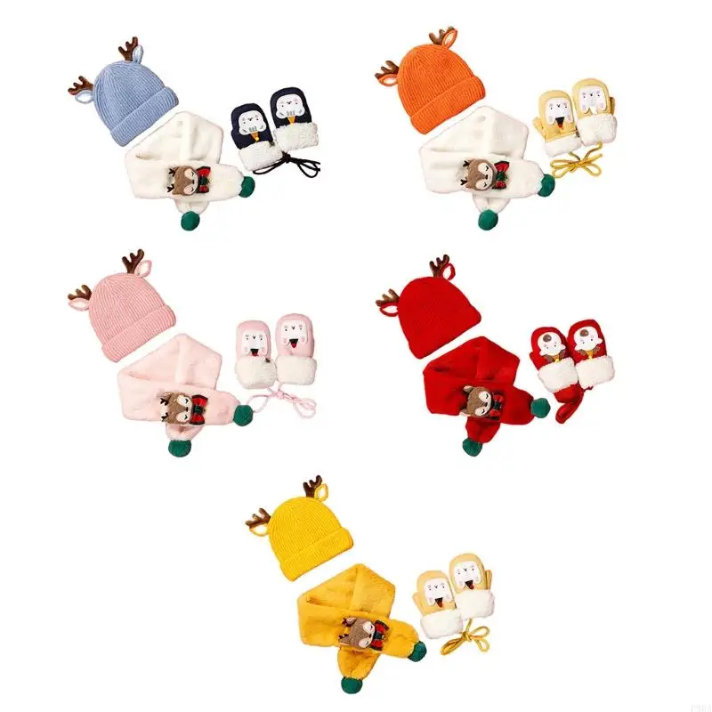 P88A Baby Winter Hat Warm Scarf Gloves Set Christmas Deer Horn Knitted Scarves