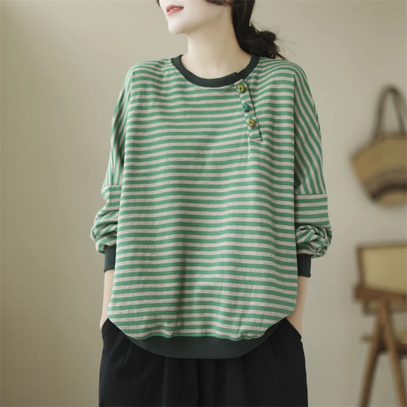 Mulheres primavera e outono solto preguiçoso mangas raglan com listrado estilo chinês botão pulôver moletom feminino colorido topo