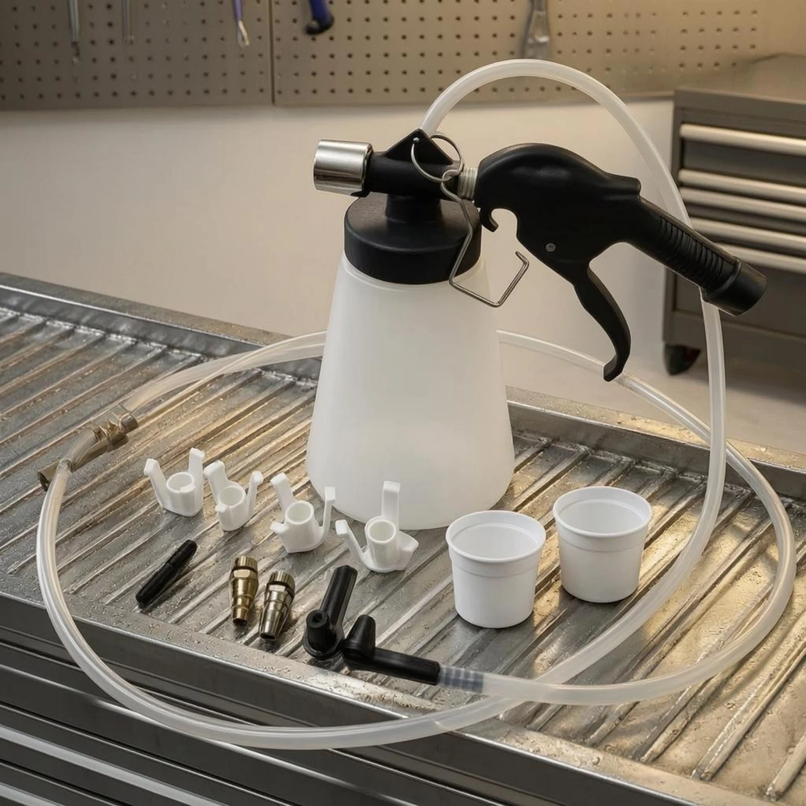 

Pneumatic Brake Bleeder Machine Adapter Fittings Two-Chamber-Tank Brake Bleeder Auto Repair Hook Attachments Easy to Connect