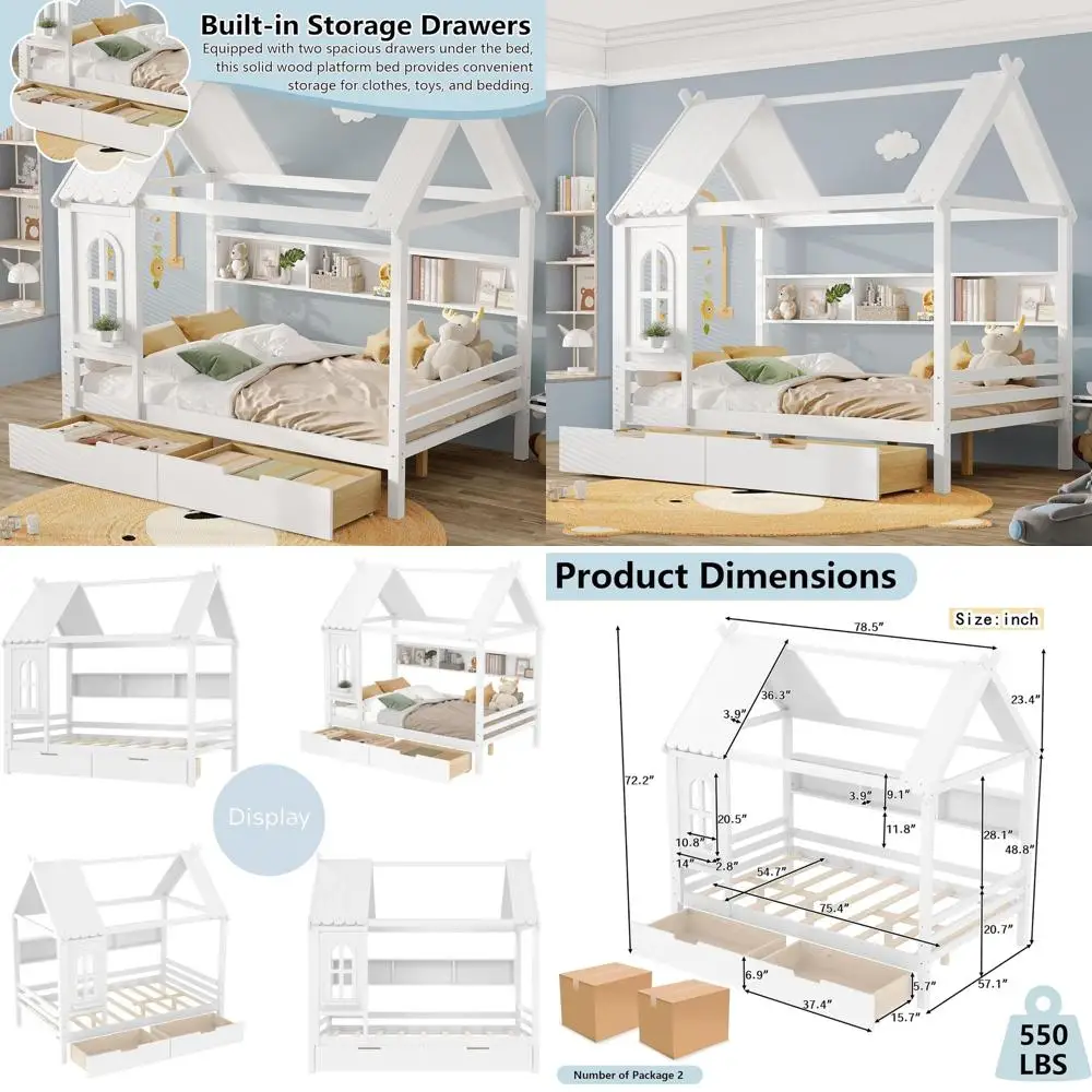 

House-Shaped Platform Bed with Shelves, Solid Wood, No Box Spring, Suitable for Kids, White