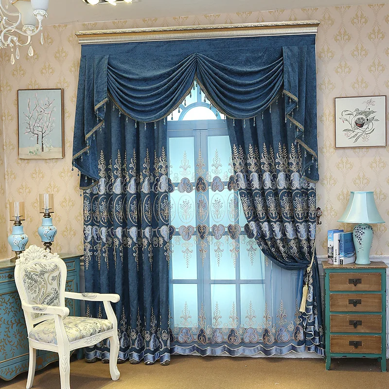 Custom  upscale Chenille embroidered bedroom living room Nordic blue cloth blackout curtain tulle valance drape C1746