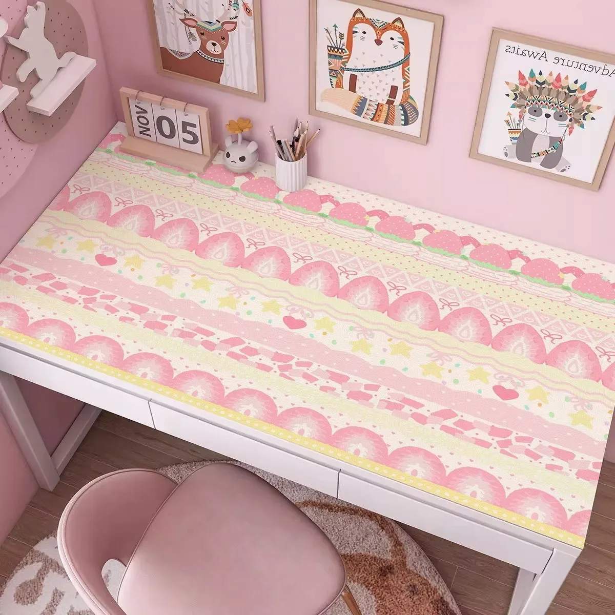 Leather Desk Pad Protector Pink Strawberry Cake Cream Y2K ins Mouse Pad Office Desk Mat Waterproof Non-Slip PU Desk Blotter Pad