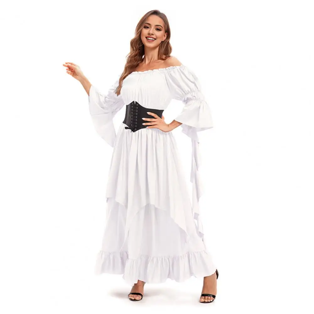 Women Costume Elegant Vintage Pirate Ball Gown with Off Shoulder Bell Sleeves Irregular Hem for Halloween Renaissance Fairs