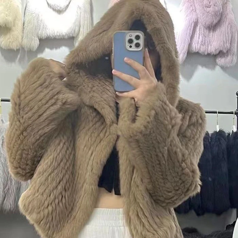 Chic Women Handmade Double-sided Woven Hooded Faux Fur Hairy Coat Encrypted Rabbit Hair Bomber Fluffy Jacket Furry Cardigan Tops