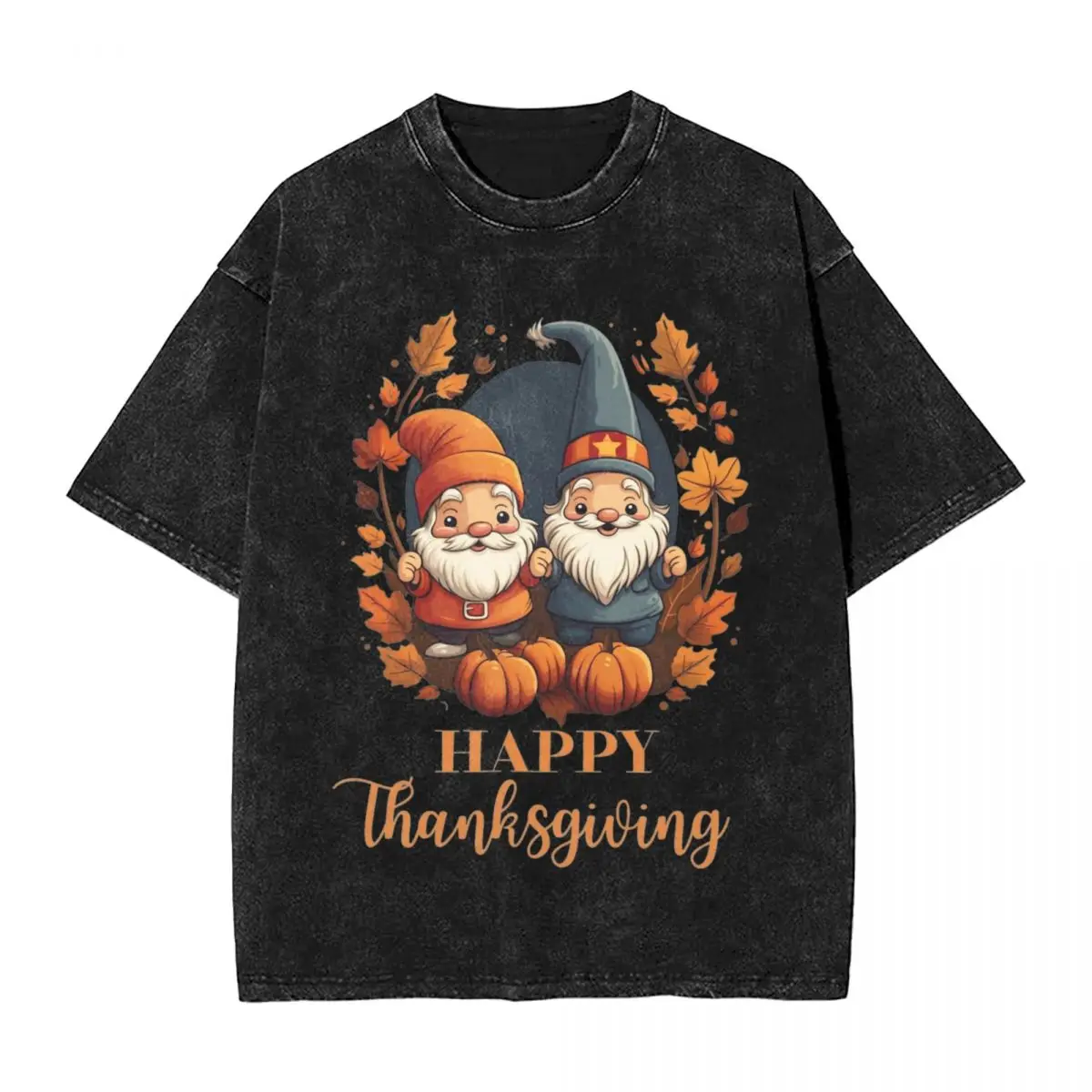 Washed T Shirt Happy Thanksgiving Fun Gnomes Cotton T Shirts Pumpkin With Autumn Falling Leaves Tshirt for Mens Beach Y2K Tops