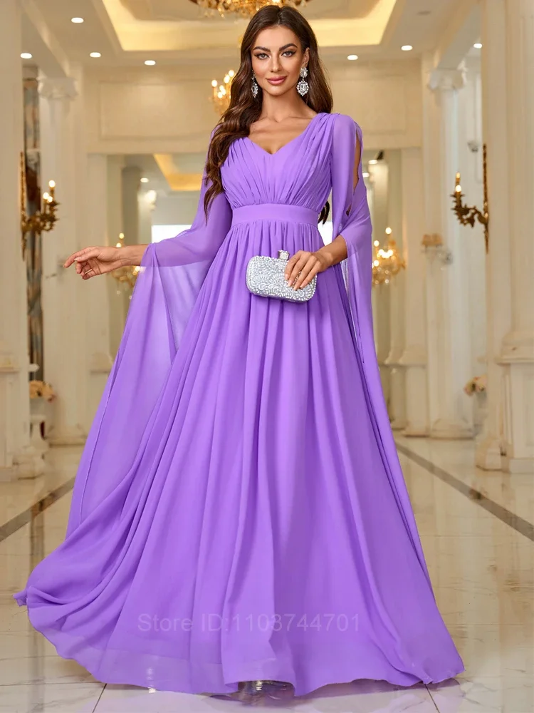 Elegant Evening Dress Maxi Long V Neck with Long Sleeves High Waist 2024 pretty Purple Bridesmaid Dress Vestidos Largos