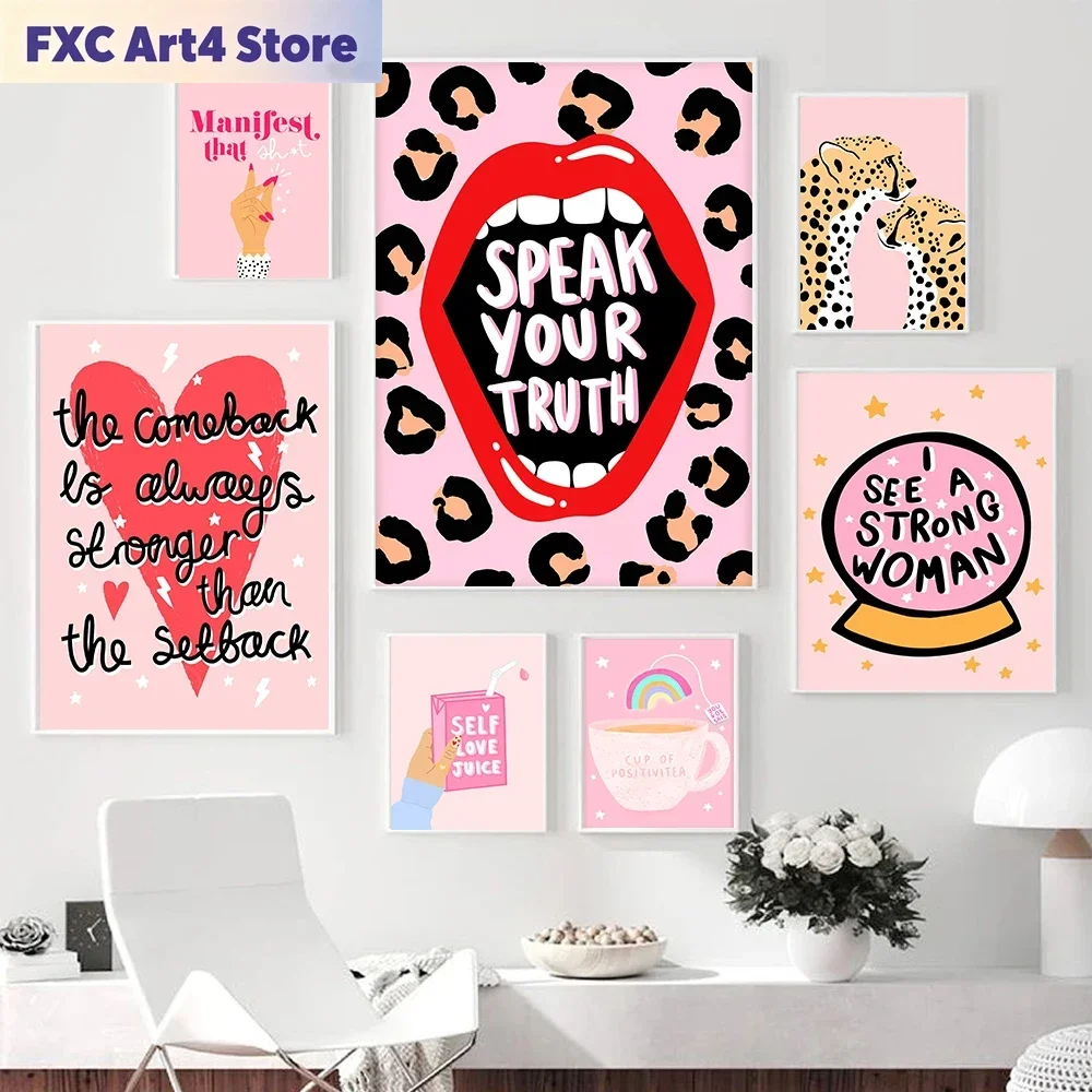 Rahmenloses Leoparden-Tiger-Kaffee-Regenbogen-Positiv-Zitat Wandkunst Leinwanddruck Lippen Nordisches Poster Wandbild Raumdekoration