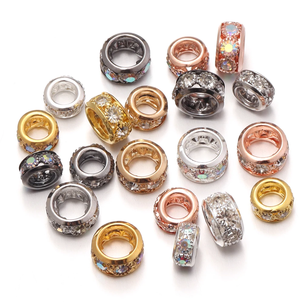 5pcs 10/12mm Multicolor Large Hole Rhinestone Crystal Beads Metal Loose Spacer Bead For Jewelry Making DIY Bracelets Accessories