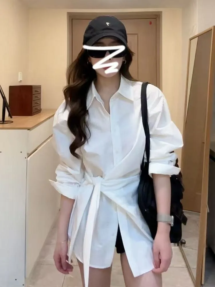 

Белая свободная женская блузка во французском стиле с поясом на талии, весна-осень, высококачественная, в корейском дизайнерском стиле