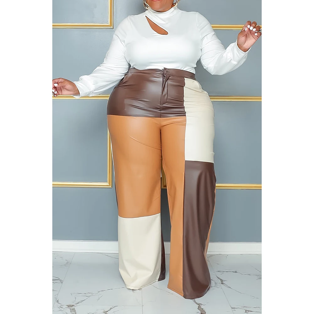 Plus Size Women\'s Pant Suit Brown Tunic Patchwork PU Leather Fashion Commuting Two Piece Pant Suit