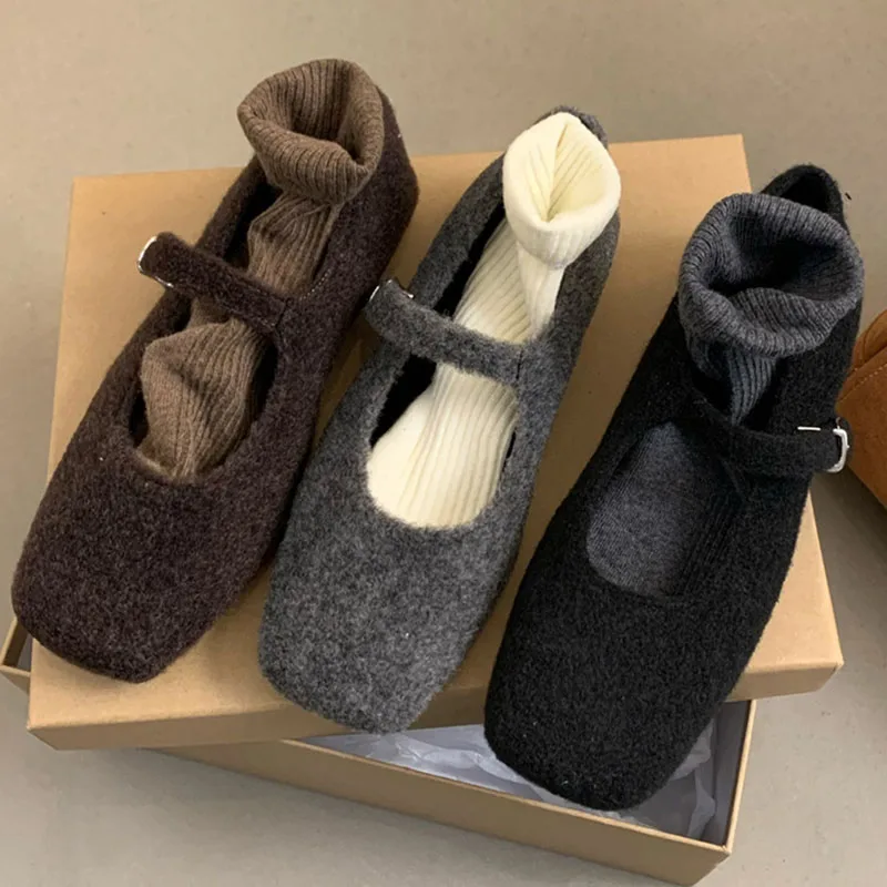 Spring Autumn Women Shoes Fashion Fluffy Flats Square Toe Buckle Strap Mary Jane Shoes Comfortable Plush Warm Modern Thin Boots