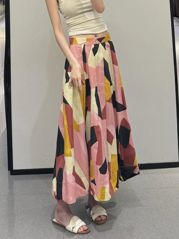 

Летняя женская длинная юбка-макси А-силуэта с высокой талией, розовая, с принтом, винтажная, красивая, в стиле DOPANE