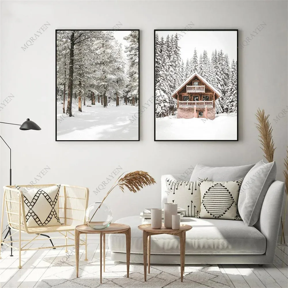 Sunrise Forest Mountain Lake Posters Cabin Wood Pinecone Winter Snow Prints Canvas Painting Nordic Wall Art Pictures Home Decor