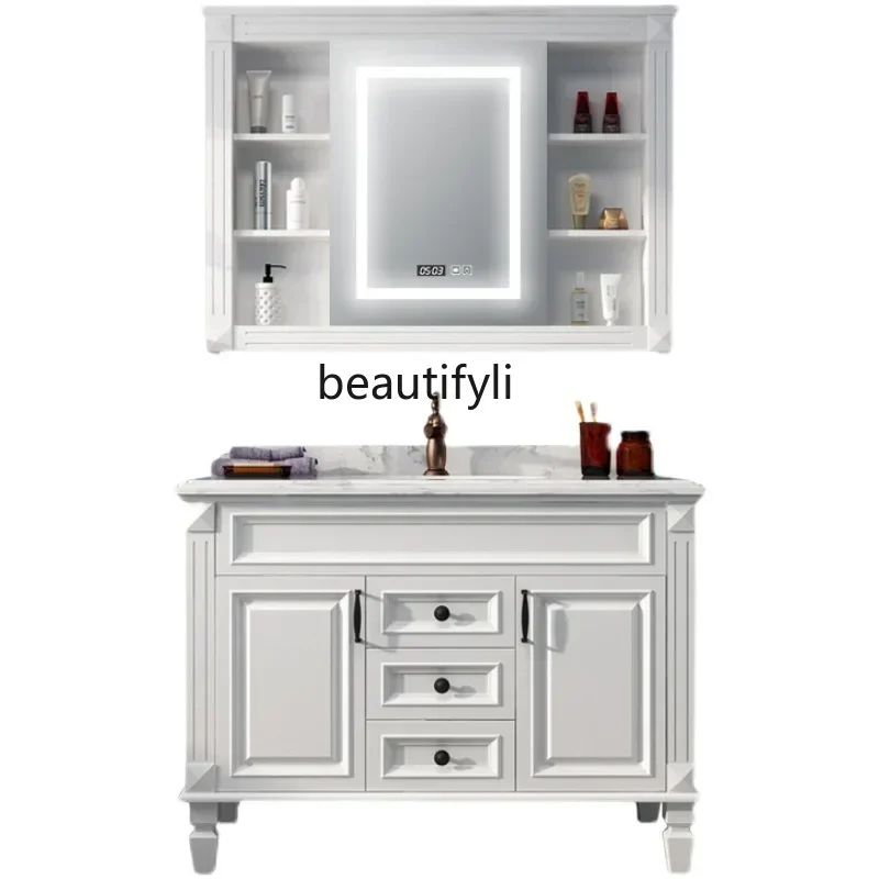 

FG40Light Luxury American Stone Plate Bathroom Cabinet Nordic Solid Wood Bathroom Cabinet Smart Mirror Floor Wash Basin