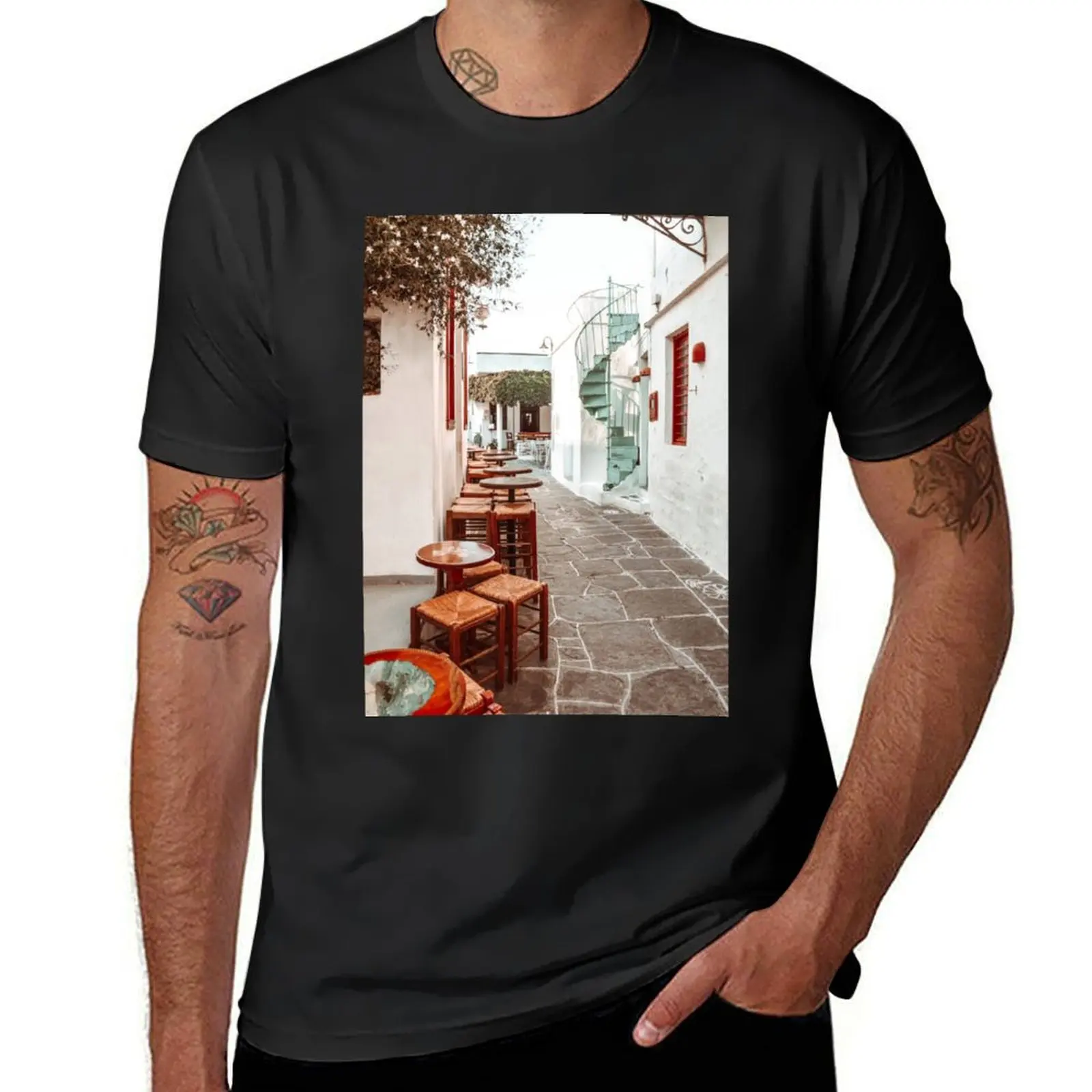 

Sifnos Island Street view in Greece with Traditional Bars and Houses T-Shirt sweat Short sleeve tee Blouse mens t shirts