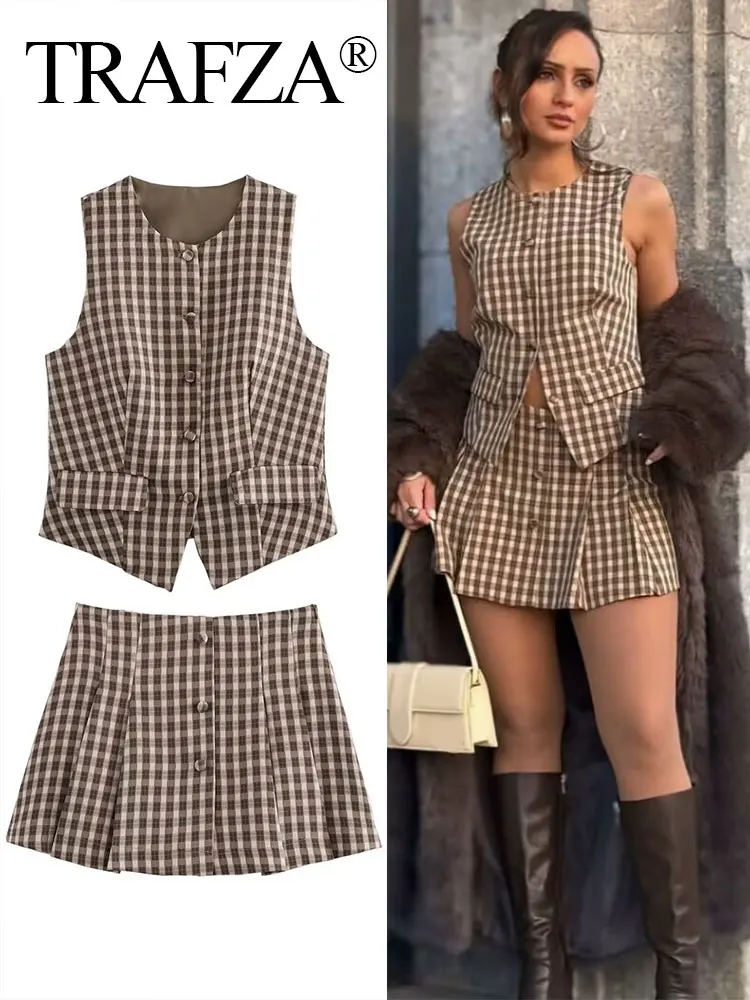 

TRAFZA Elegant Women's Plaid Print Suits Single Breasted O-Neck Vest Top+2025 Summer High Waist A-Line Mini Skirt Woman Outfits