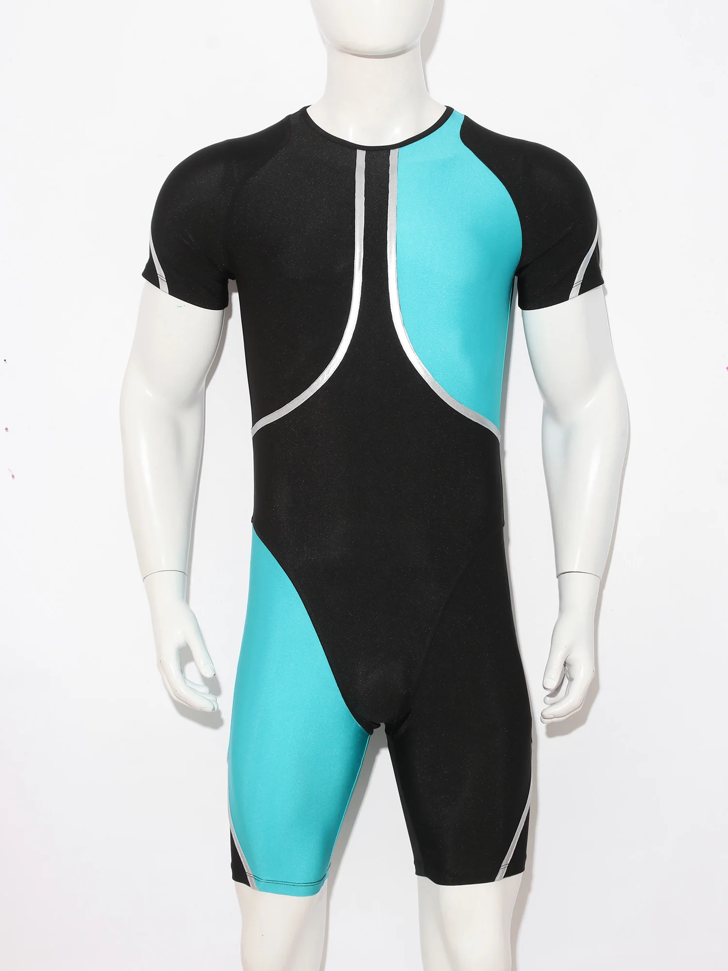 Men One Piece Swim Jumpsuit Short Sleeve Back Invisible Zipper Metallic Color Block Shorts Bottom Stretchy for Beach Summer